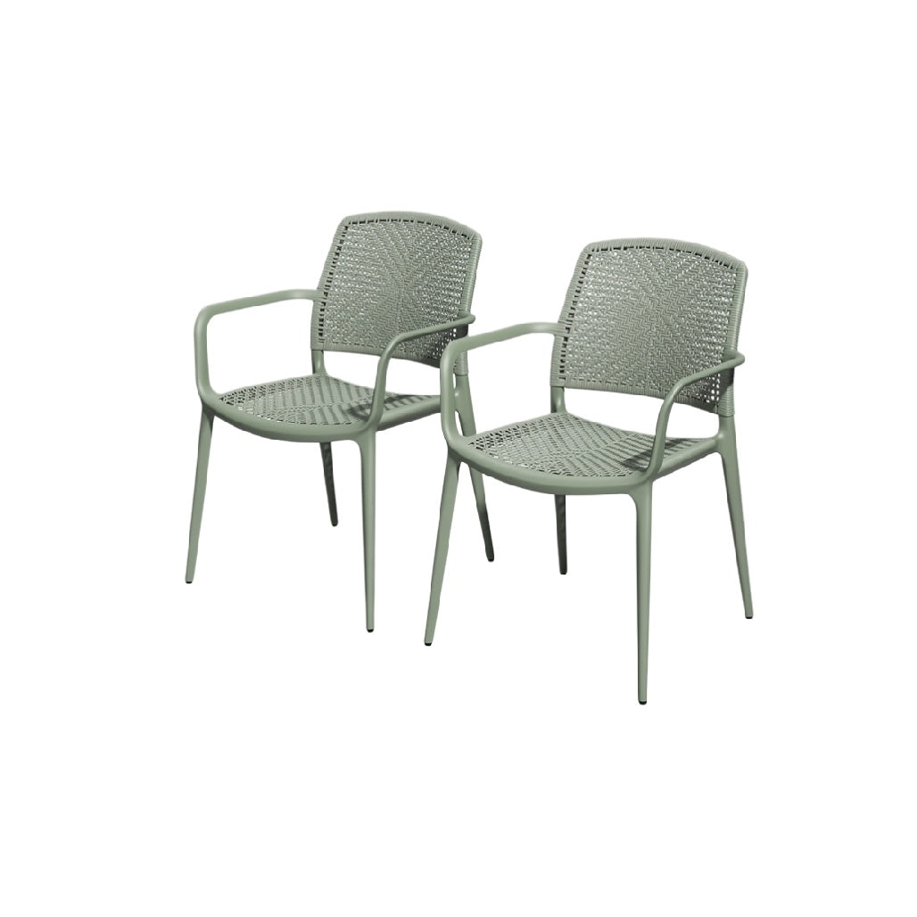 Set of Two Contemporary Green Outdoor Chairs with Intricate Design